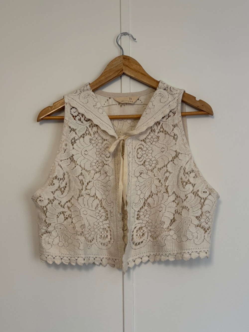 Crochet Lace Cream Sleeveless Tie-Front Top Upcycled